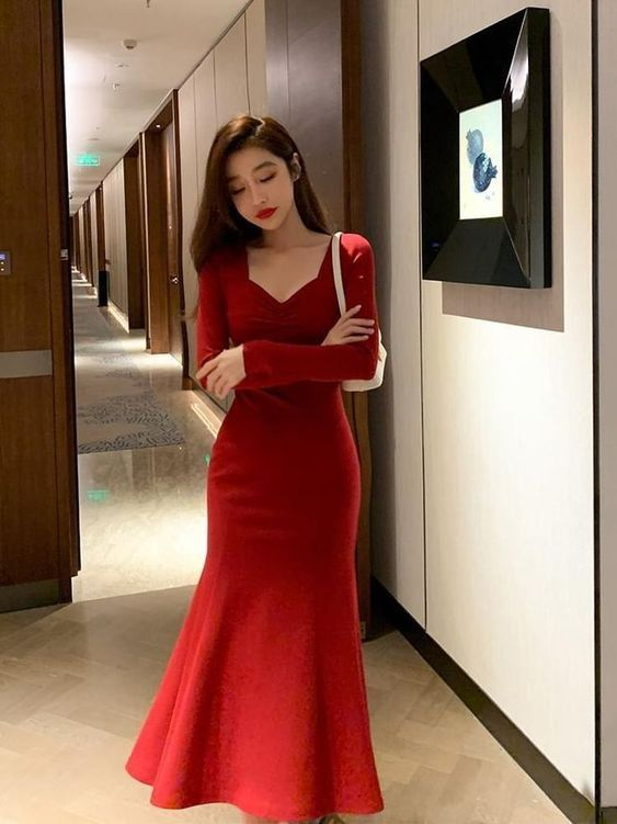 Red Long Sleeves Mermaid Evening Dresses Prom Gown Party Gowns Y5618