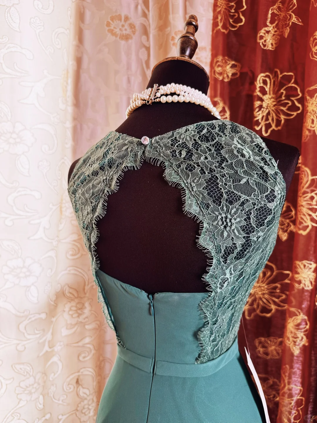 Vintage Green Sleeveless Chiffon Lace A Line Long Wedding Guest Dress Backless Party Dress SP2192