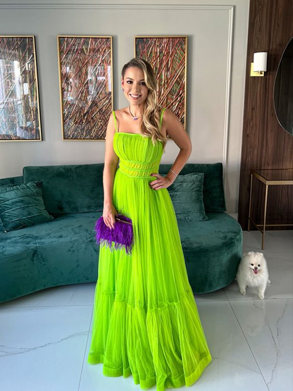 Green A-line Spaghetti Straps Tulle Prom Dress,Green Evening Dress  Y5595