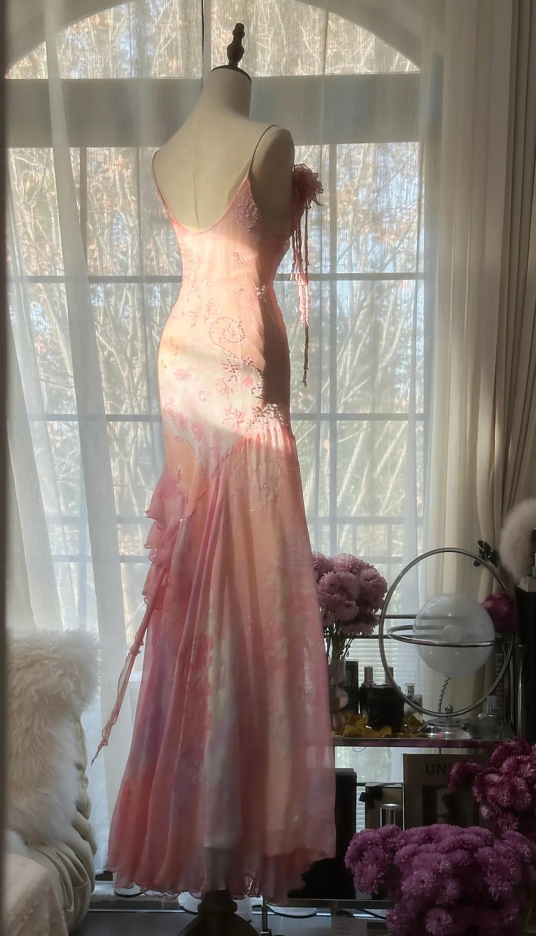 Pretty Pink Chiffon Beaded Mermaid Prom Dress Long Evening Dress Y8425