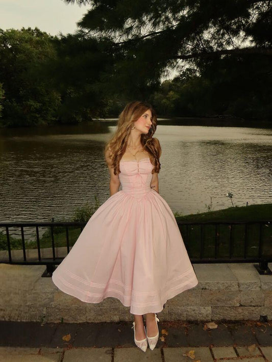 Sweet Pink Satin A Line Party Dress,Spaghetti Straps Midi Wedding Guest Dress SP2672