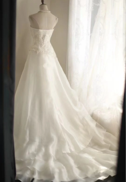 Classy Strapless Chiffon Appliques Mermaid White Long Wedding Dress SP1167