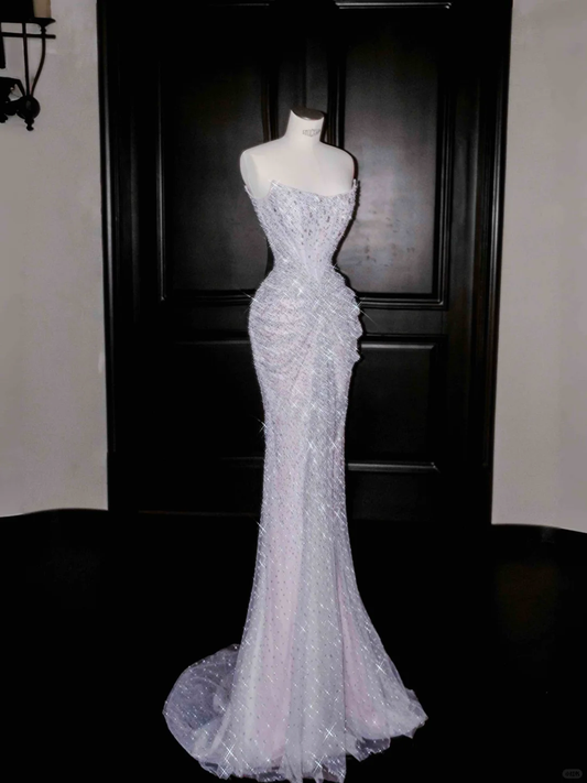Sparkly Lilac Tulle Beaded Prom Dress,Strapless Mermaid Evening Dress Y8664
