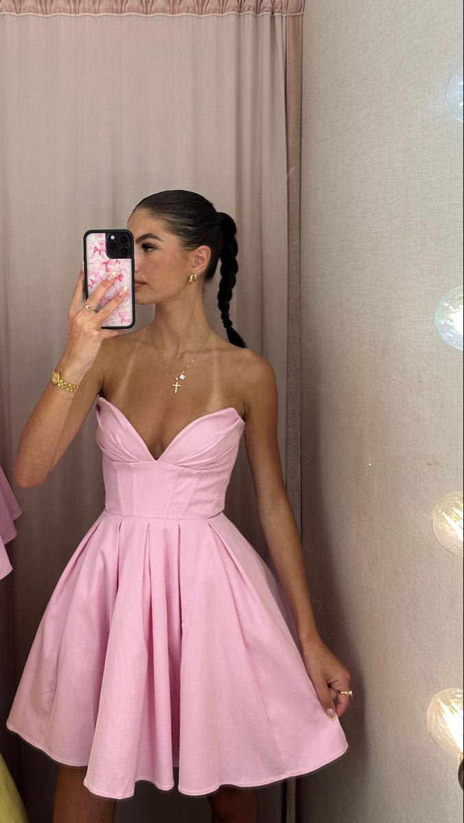 Elegant Pink Strapless Satin Pleated A Line Short Homecoming Dress Birthday Outfits SP2791