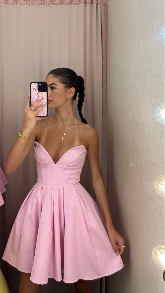 Elegant Pink Strapless Satin Pleated A Line Short Homecoming Dress Birthday Outfits SP2791