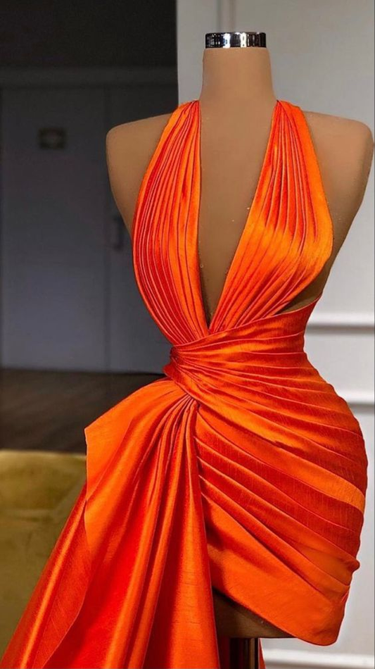 Sexy Halter Mermaid Orange Satin Prom Dresses Y6622