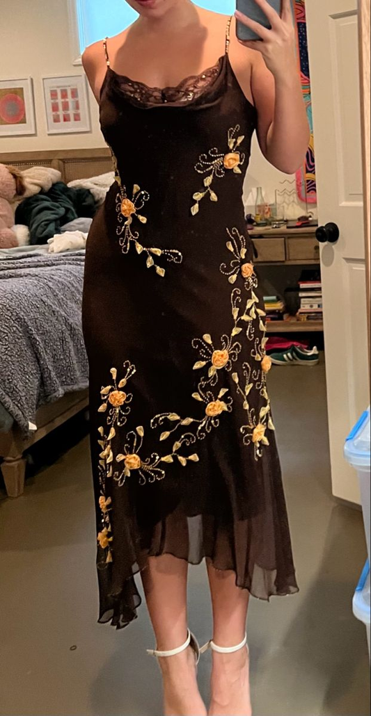 Classy Spaghetti Straps Black Chiffon Beaded Mermaid Long Birthday Dress Party Gown With Floral SP2245