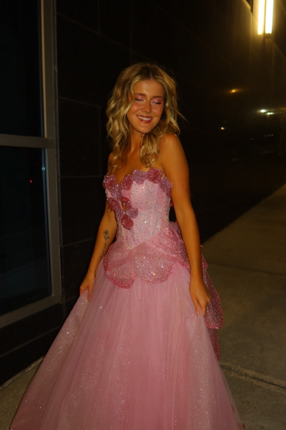 Glamorous Sweetheart Neck Tulle Sequin 3D Floral Long Party Dress,Pink Long Birthday Prom Dress SP3372