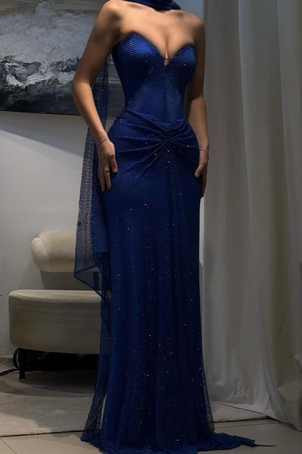Gorgeous Strapless Royal Blue Sequin Pleated Mermaid Evening Dress Formal Prom Dress With Scarf SP552
