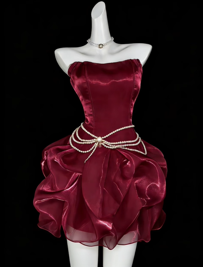 Pretty Burgundy Strapless Tulle Pleated Short Homecoming Dress Birthday Outfits SP3542