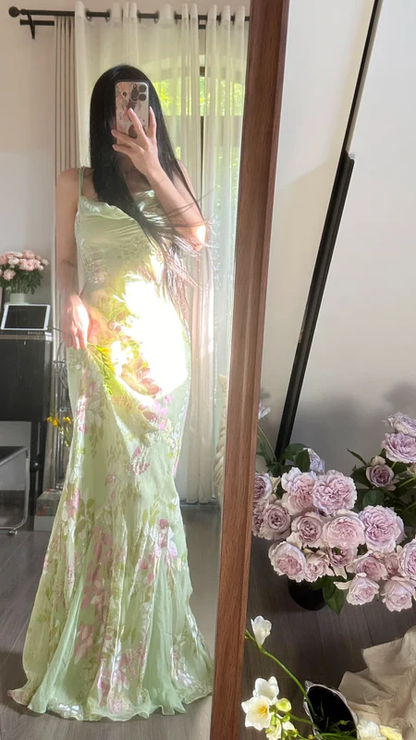Pretty Light Green Spaghetti Straps Chiffon Print Floral Mermaid Long Birthday Dress Evening Dress SP2268