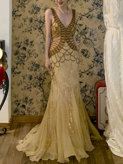 Vintage V Neck Yellow Chiffon Sequin Beaded  Mermaid Party Dress Long Prom Dresses SP454