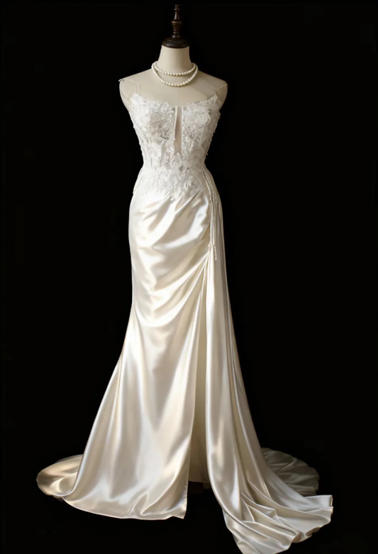 Elegant Strapless White Satin Appliques Mermaid Long Wedding Guest Dress Birthday Party Dress SP1203