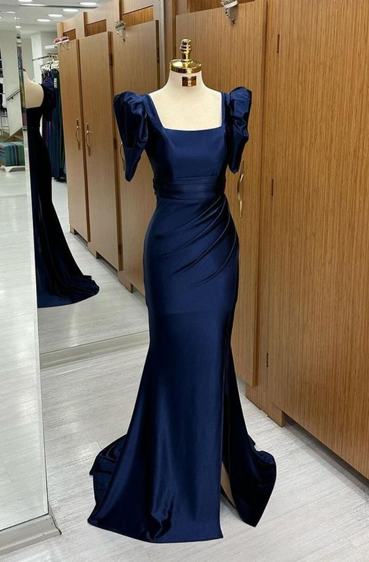 Blue Long Mermaid Prom Dress Bubble Sleeves Square With Slit Y6851