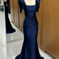 Blue Long Mermaid Prom Dress Bubble Sleeves Square With Slit Y6851