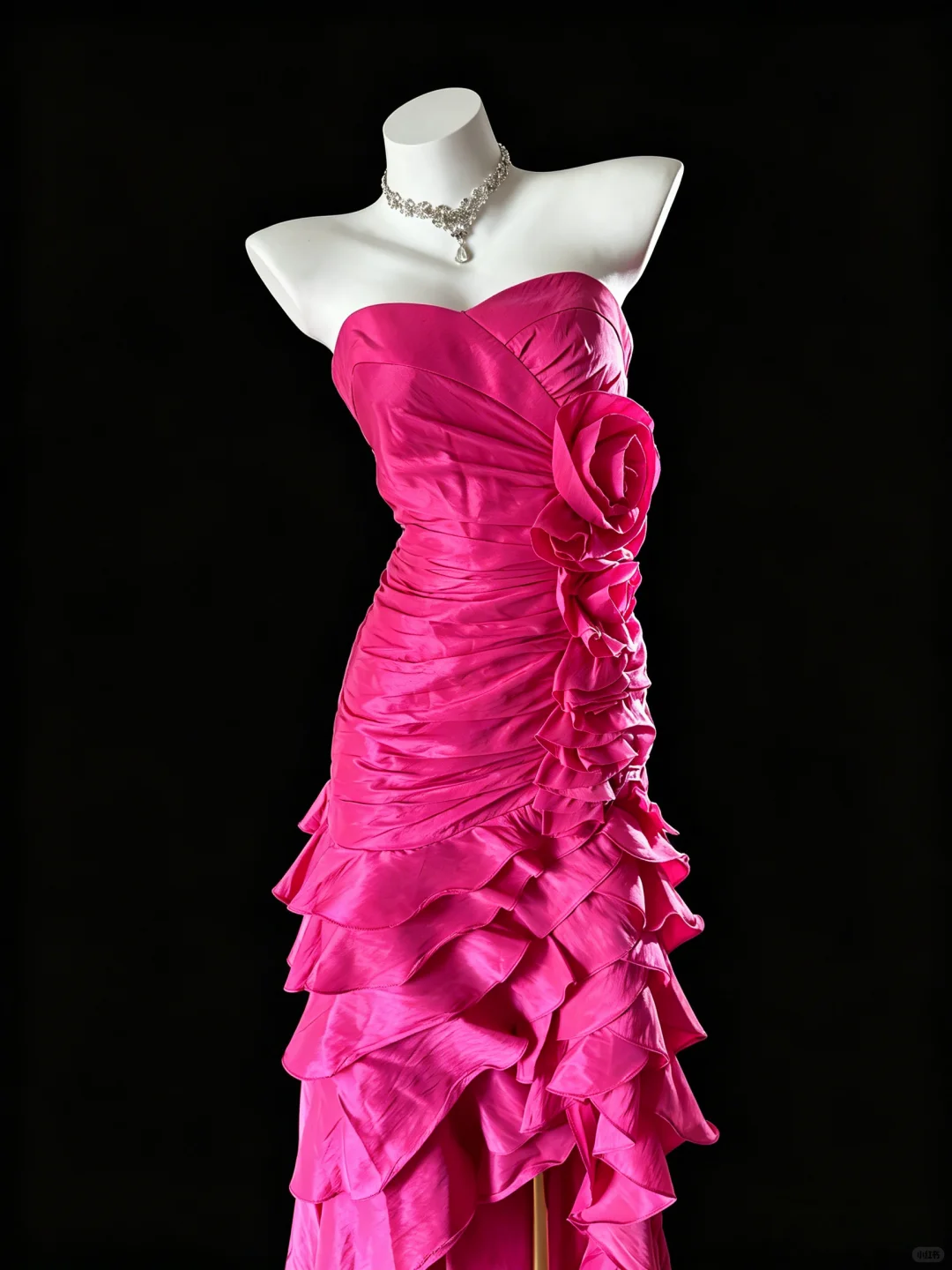 Vintage Hot Pink Satin Mermaid Party Dress Strapless Ruched Ruffled Asymmetrical Prom Dress SP2726