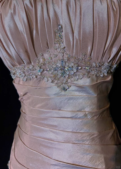 Gorgeous Spaghetti Straps Satin Pleated Beaded Evening Dress,Pink Mermaid Prom Dress Y8744
