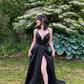 Sexy Black V Neck A-line Prom Dress,Black Senior Prom Gown Y6118