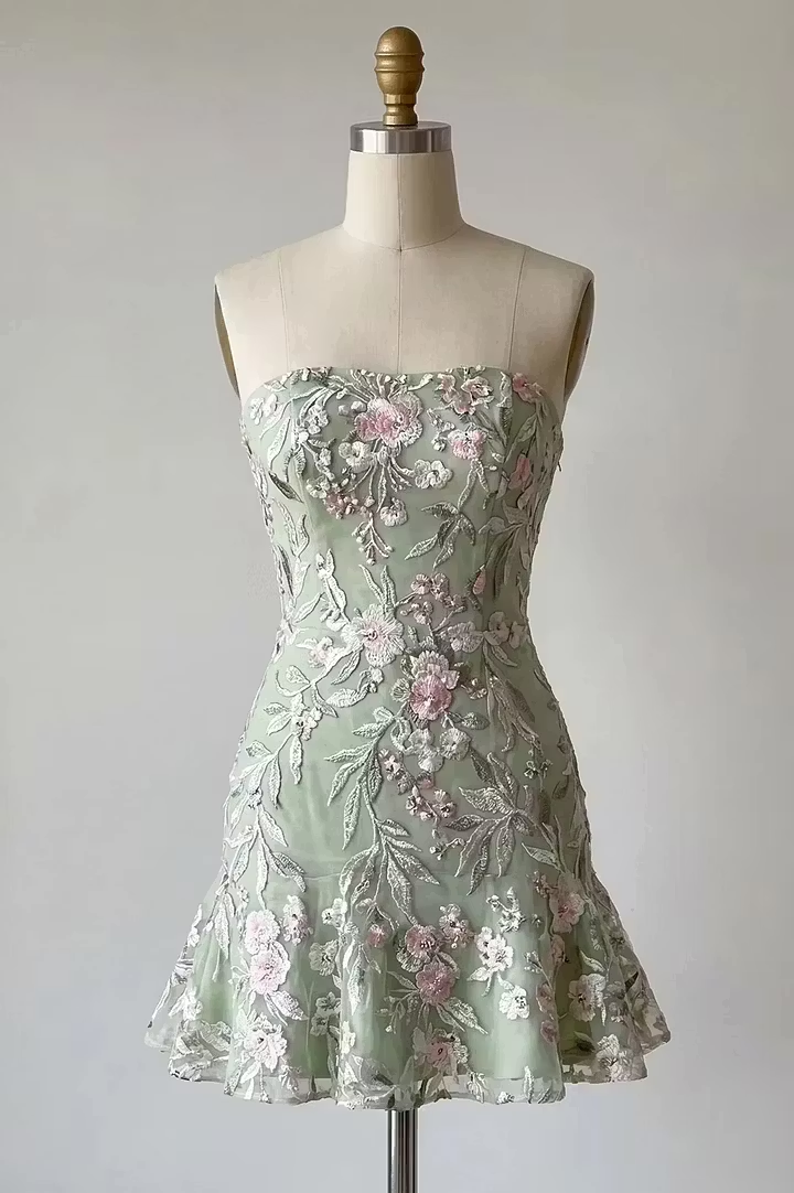 Elegant Green Tulle Embroidered Floral Mini Prom Dress Strapless Short Graduation Homecoming Dress SP3852