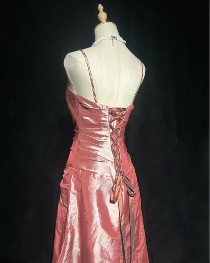 Pretty Spaghetti Straps Satin Pleated Beaded Mermaid Long Prom Dress Evening Gown SP1789