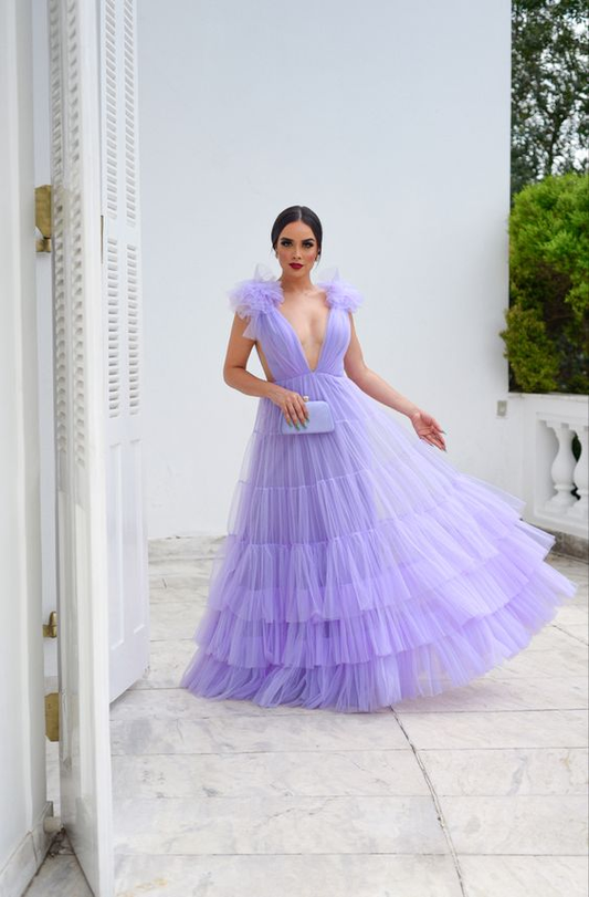 Lavender Deep V Neck Tulle Prom Dress,Lavender Evening Dress Y6185