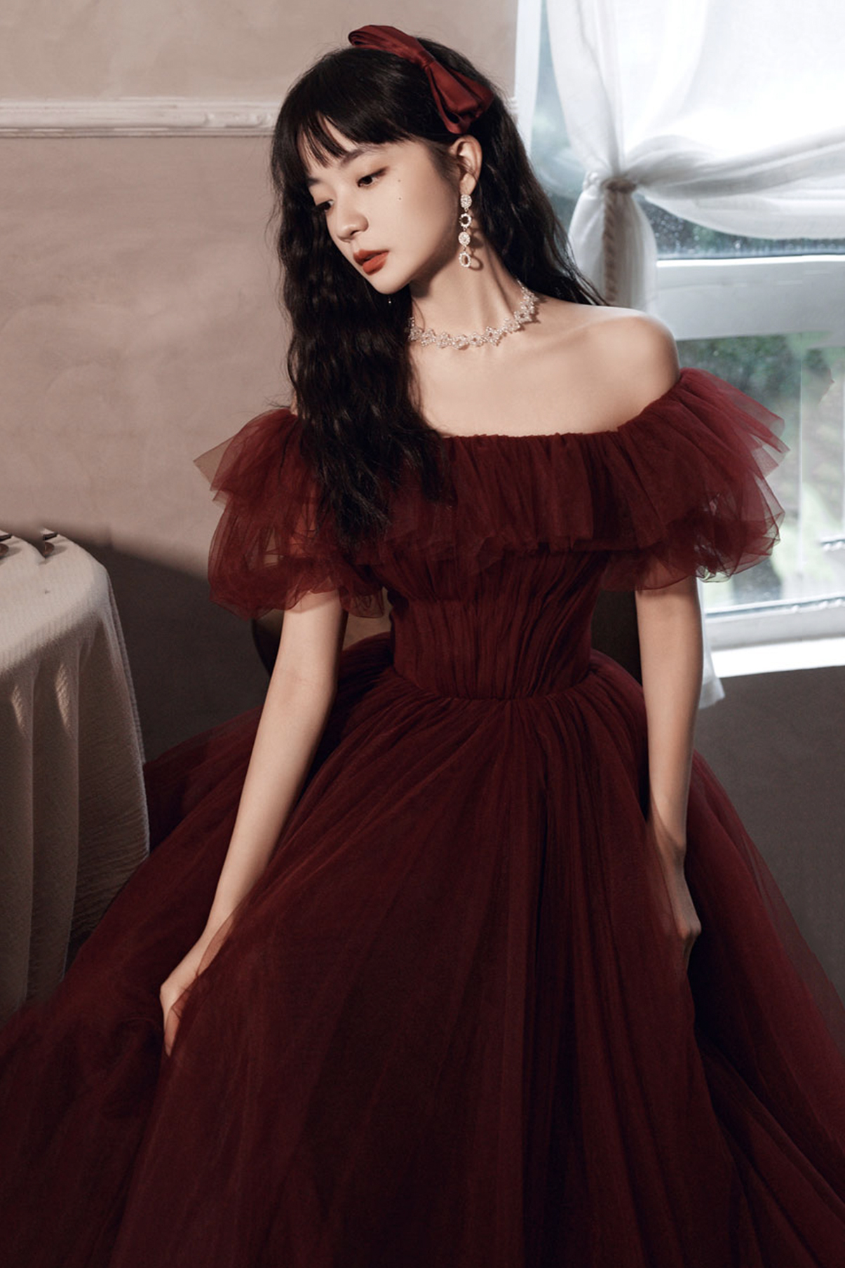 Burgundy Off The Shoulder Tulle Line Prom Dress Evening Dress Y8351