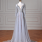 Classy Blue V Neck Sequins Beaded Tulle Prom Dress,A Line Backless Evening Dress Y8644