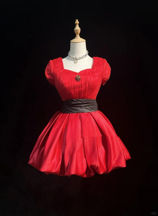Vintage Red Satin Pleated A Line Short Homecoming Dress Birthday Outfits SP2923