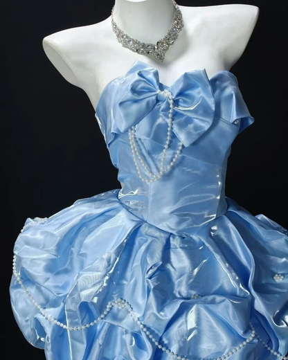 Charming Strapless Blue Satin Pleated Bow A Line Short Homecoming Dress Birthday Outfits SP3491