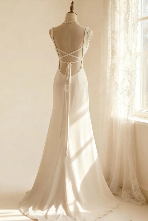 Elegant White V Neck Backless Long Wedding Guest Dress Party Gown SP1205