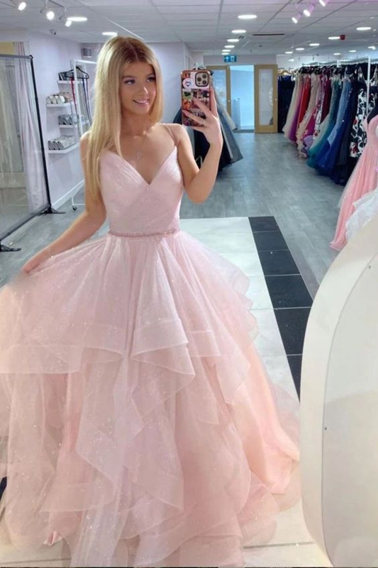 Girly Spaghetti Straps Pink V-Neck Princess Prom Dress Y6582