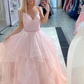 Girly Spaghetti Straps Pink V-Neck Princess Prom Dress Y6582