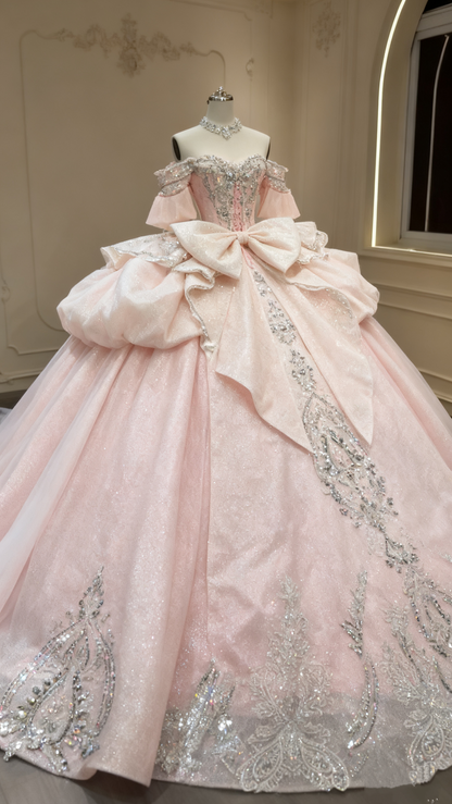 Gorgeous Pink Off The Shoulder Tulle Pleated Sequin Beaded Bridal Dress Long Wedding Dress With Bow SP574