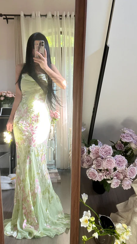 Pretty Light Green Spaghetti Straps Chiffon Print Floral Mermaid Long Birthday Dress Evening Dress SP2268