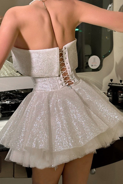 Glitter Strapless White Sequin A Line Short Homecoming Dress Birthday Dress SP2645