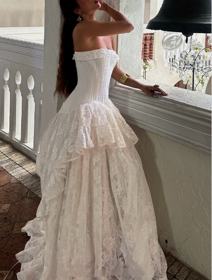 Classy Strapless White Lace Long wedding Dress Bridal Dress SP1115