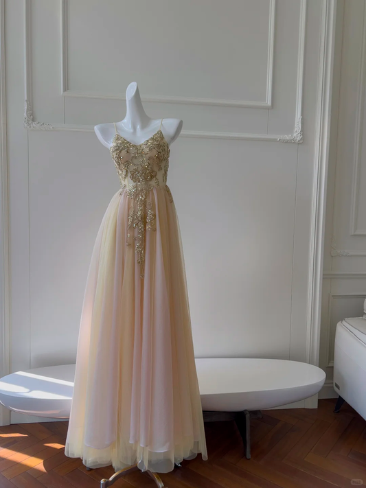 Elegant Spaghetti Straps V Neck Tulle Beaded A Line Party Dress Long Wedding Guest Dress SP2561