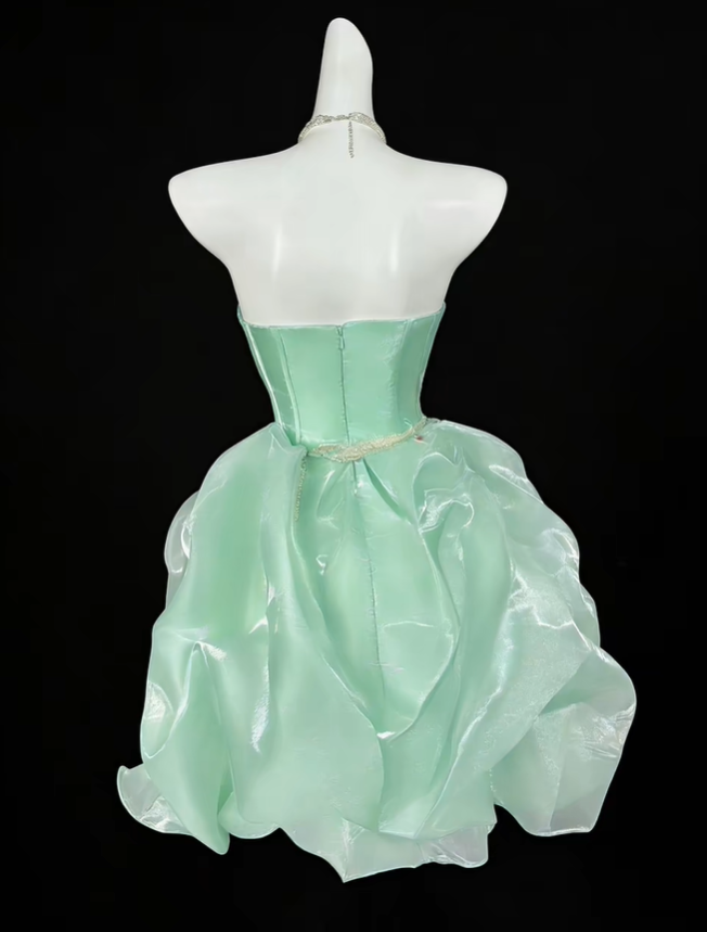 Classy Strapless Mint Green Tulle Pleated Short Homecoming Dress Cocktail Dress SP3541