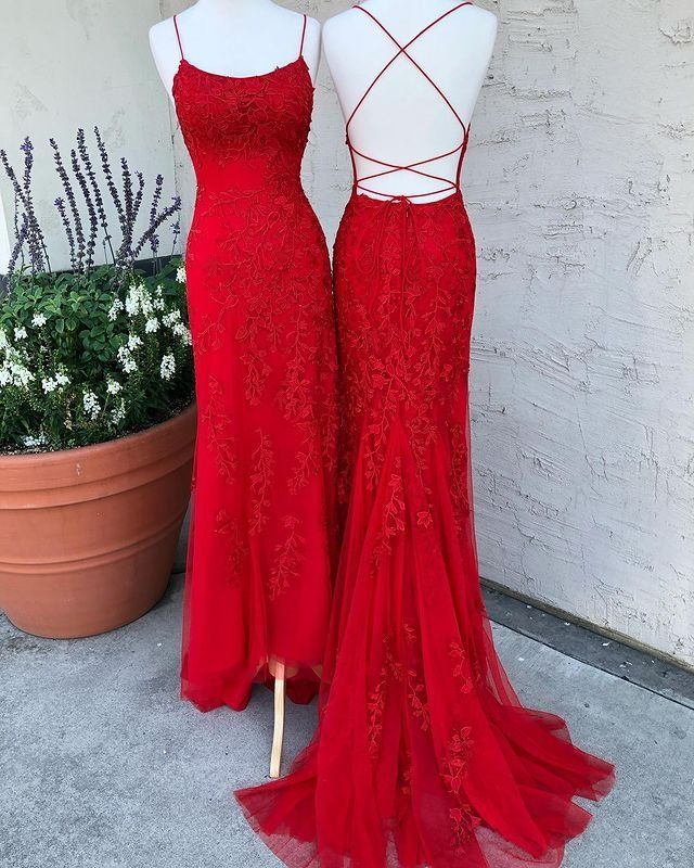 Spaghetti Strap Mermaid Lace Appliques Tulle Prom Dresses Long Criss Cross Backless Formal Evening Dress Y7383
