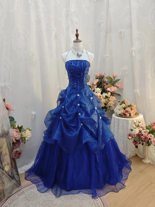 Elegant Royal Blue Ball Gown Strapless Satin Tulle Pleated Sequin Beaded Long Party Dress Birthday Dress SP2263