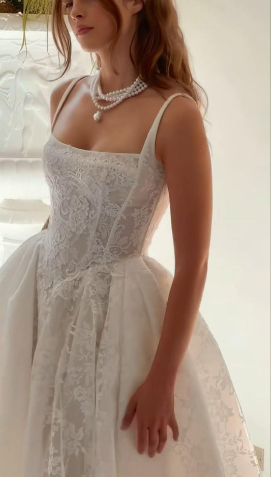Glamorous Spaghetti Straps White Lace Long Wedding Dress Formal Bridal Gown SP2974