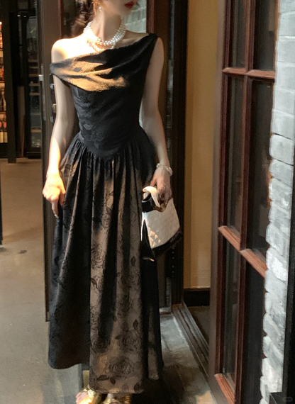 Sexy Off The Shoulder Satin Print Floral A Line Long Prom Dress Black Party Gown SP2066