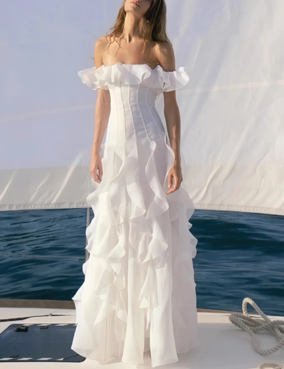 Classy White Off The Shoulder Chiffon Ruffles Long Prom Dress Party Dress SP2673