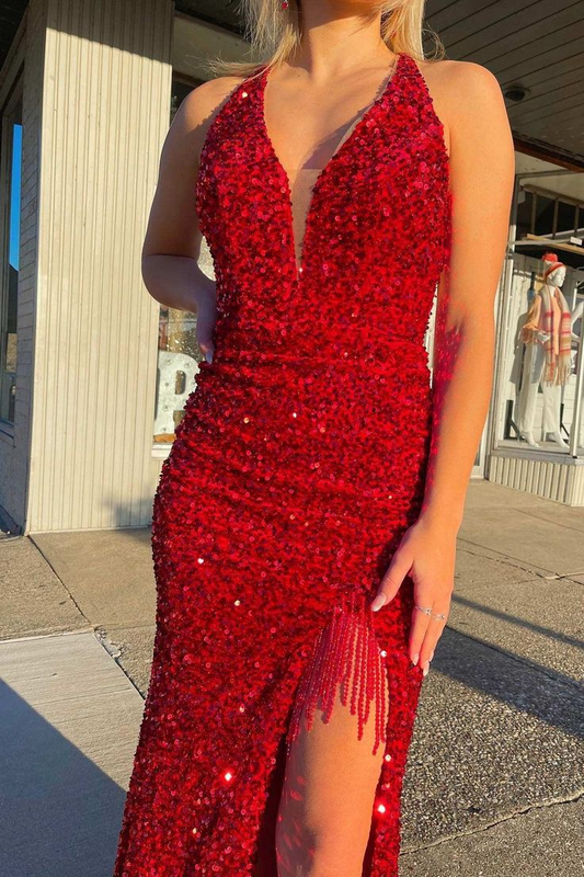 Red Sequin Fringe Mermaid Long Prom Dress with Slit Y5968