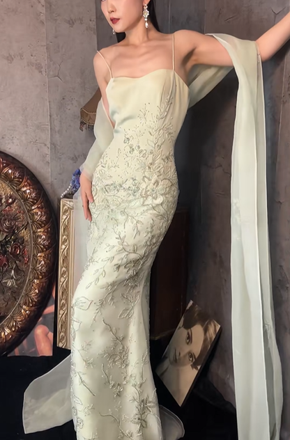 Classy Light Green Spaghetti Straps Tulle Beaded Mermaid Prom Dress Long Birthday Party Dress With Scarf SP1252