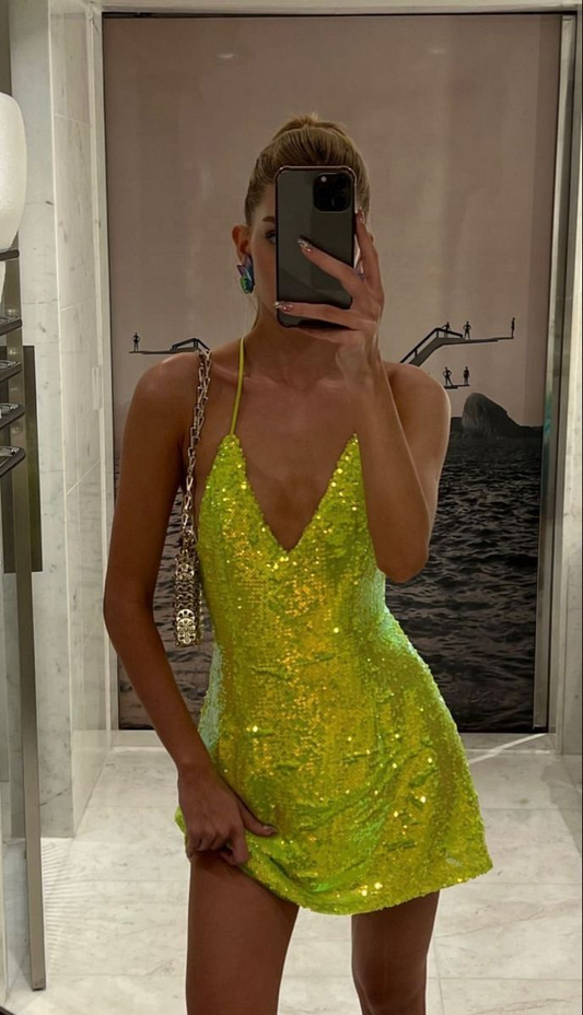 Sparkly Lemon Green Sequin Sheath Cocktail Dress Short Homecoming Dress Y9864