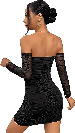 Women's Contrast Mesh Off The Shoulder Ruched Pencil Hem Fitted Homecoming Dress  Y2572