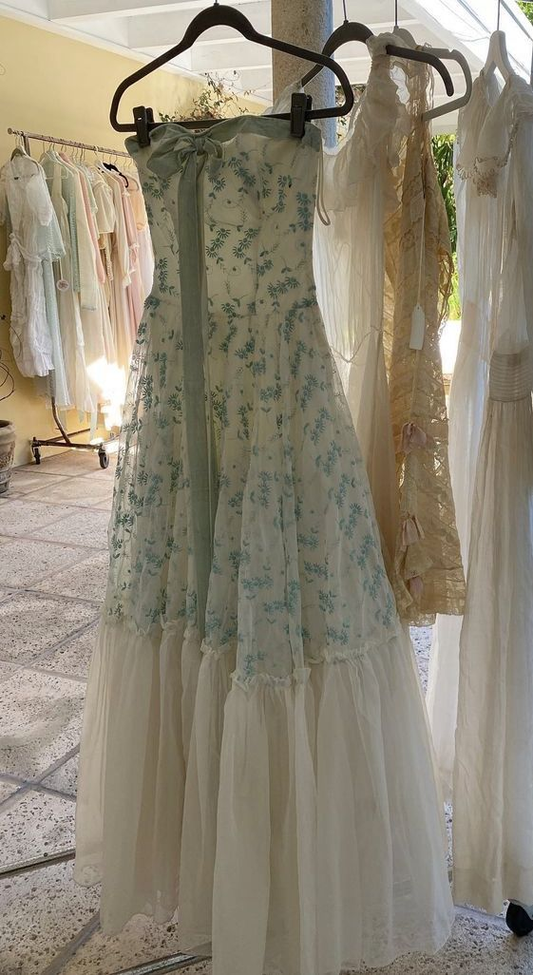 Classy Green Tulle Lace A Line Prom Dress,Strapless Party Evening Dress With Bow Y8725