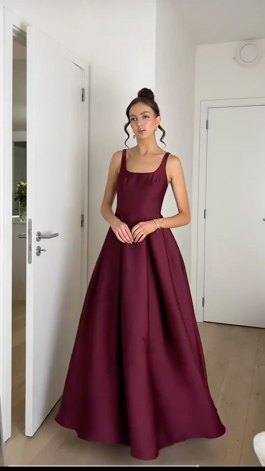 Elegant Spaghetti Straps Burgundy Satin A Line Long Party Dress Prom Gowns SP2205
