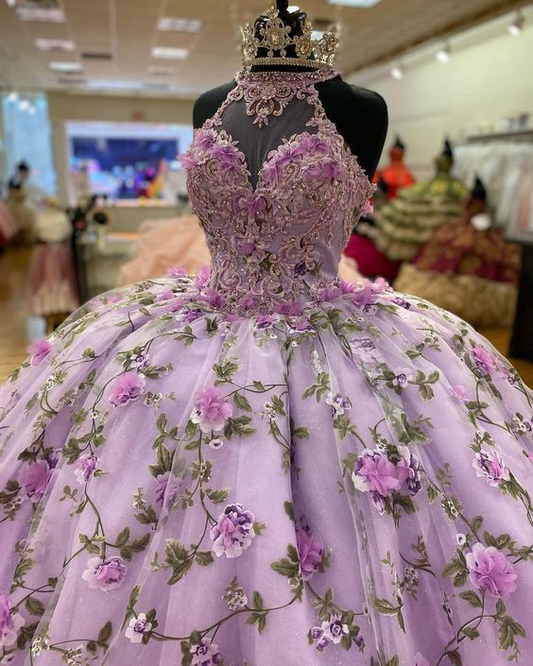Luxurious Purple A-line Ball Gown With Flowers,Purple Sweet 16 Dress  Y6598